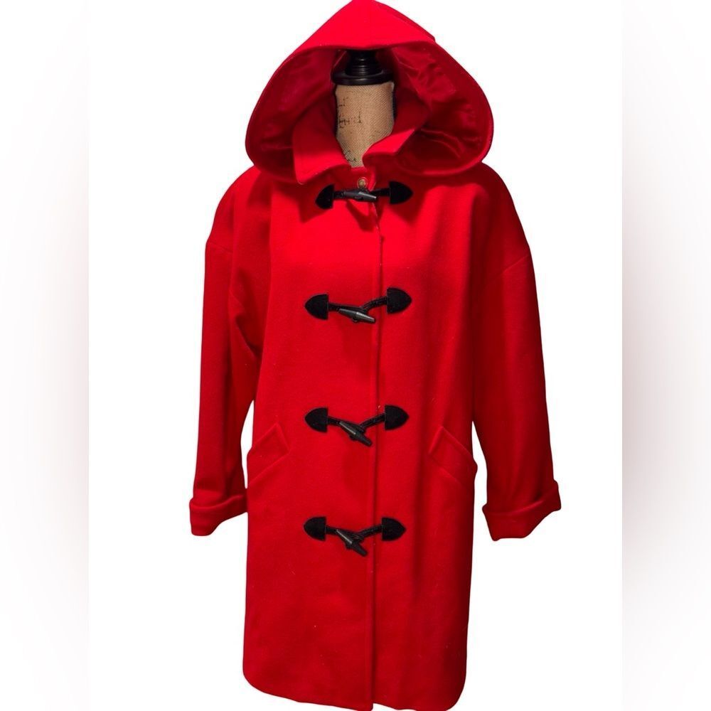 Mackintosh Red Wool Blend Hooded Duffle Coat Black Toggle Fasteners size 12P